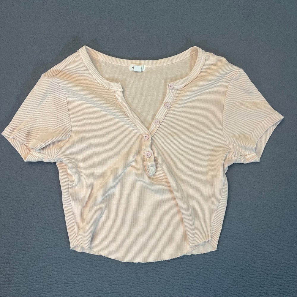 Garage Peach Pink Ribbed Henley Crop Top Short Sleeve XS 5 Button 100% Cotton